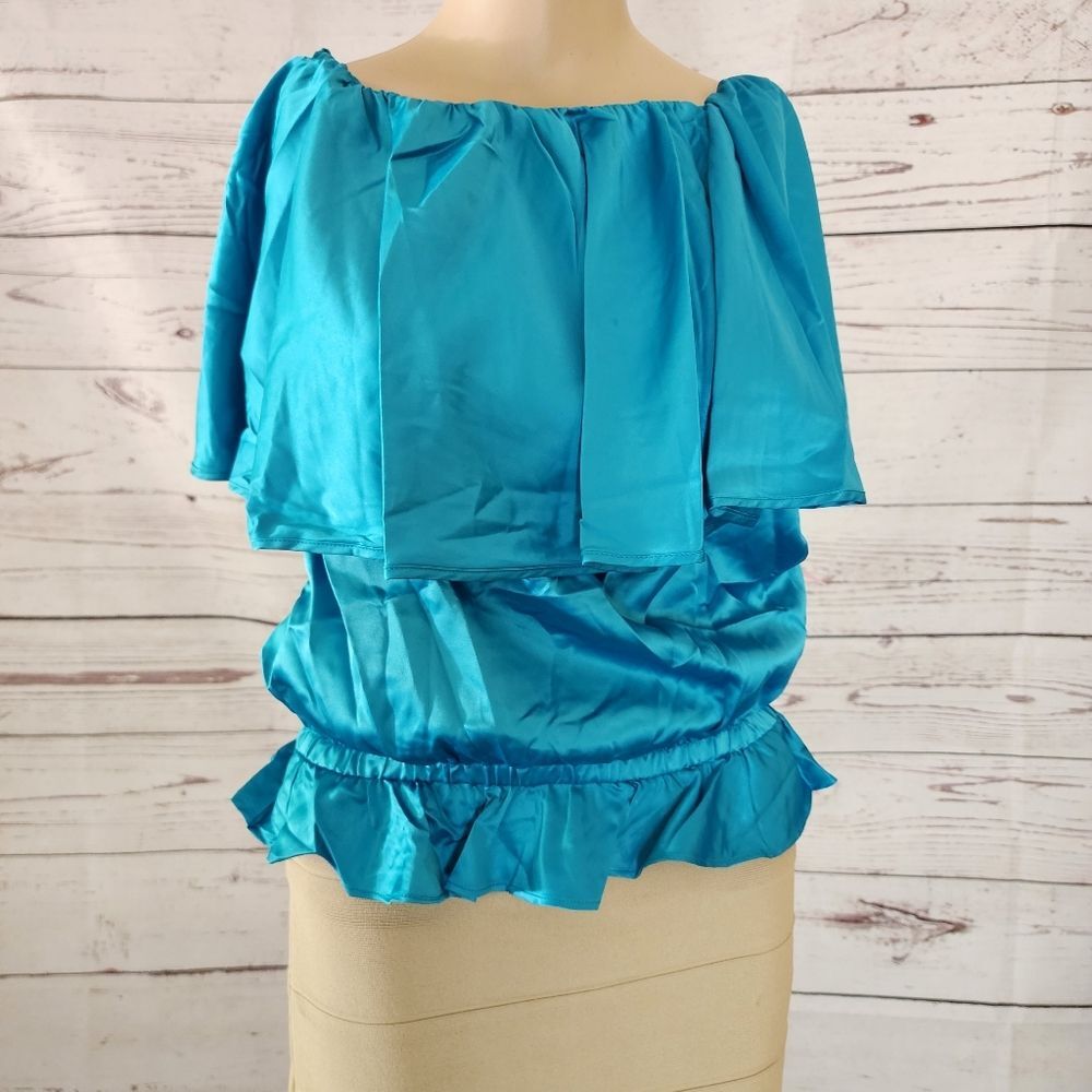 Rachel Lym Teal Off-The-Shoulder Ruffle Blouse / Cover-up - Small NWT